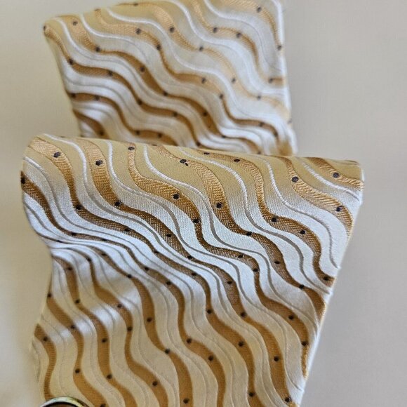 Sazzari Tie Gold White Waves Embroidery Grey Dots 100% SIlk L 56.5 in W 3.75 in - Picture 9 of 13